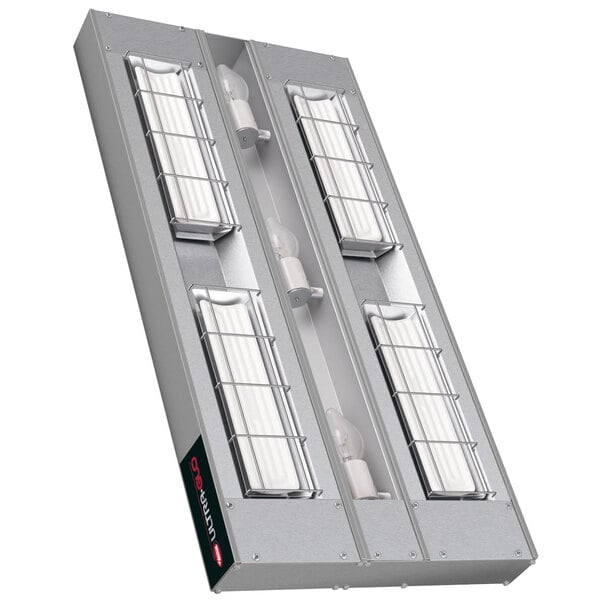 A Hatco Ultra-Glo strip warmer light fixture with three lights.