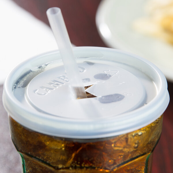 A Cambro translucent plastic lid with a straw slot on a Cambro LT8 plastic tumbler.