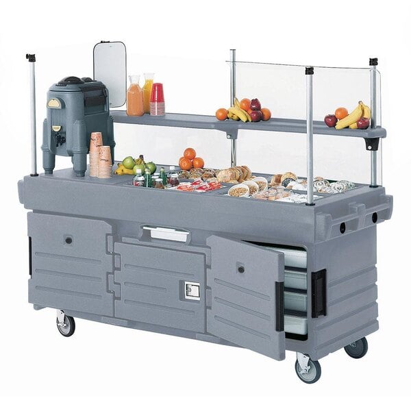 A granite gray Cambro CamKiosk vending cart with 6 pan wells.