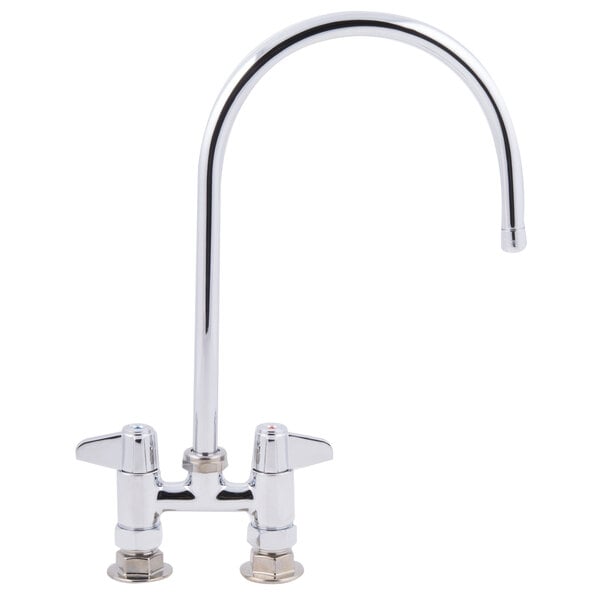 A chrome Equip by T&S deck-mounted faucet with a 9" gooseneck spout and lever handles.