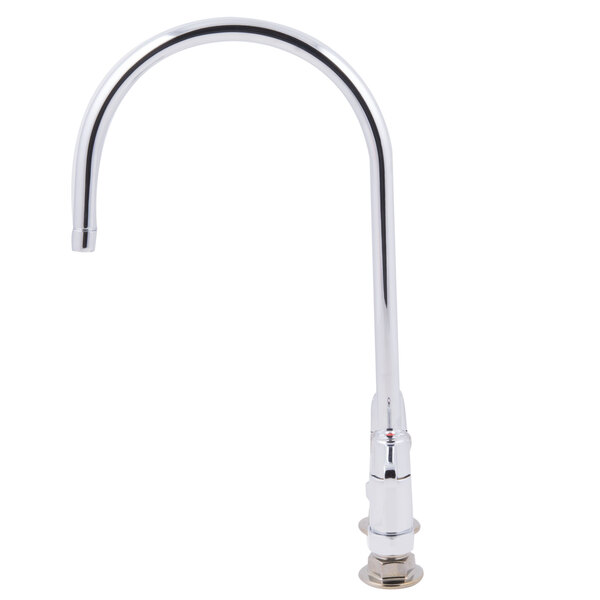 A silver Equip by T&S deck-mounted faucet with 9" gooseneck spout and lever handles.