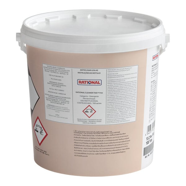 A large white plastic tub of Rational Cleaner Tabs for SelfCookingCenter Combi Ovens, containing 100 tabs per case.