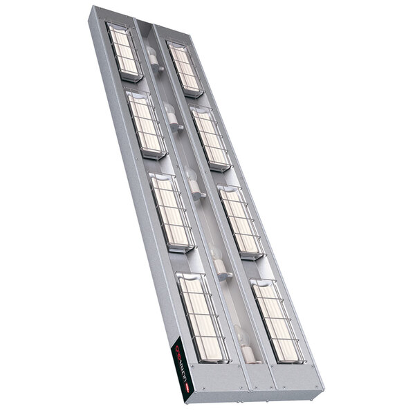 A long rectangular metal rack with multiple rectangular lights on it.