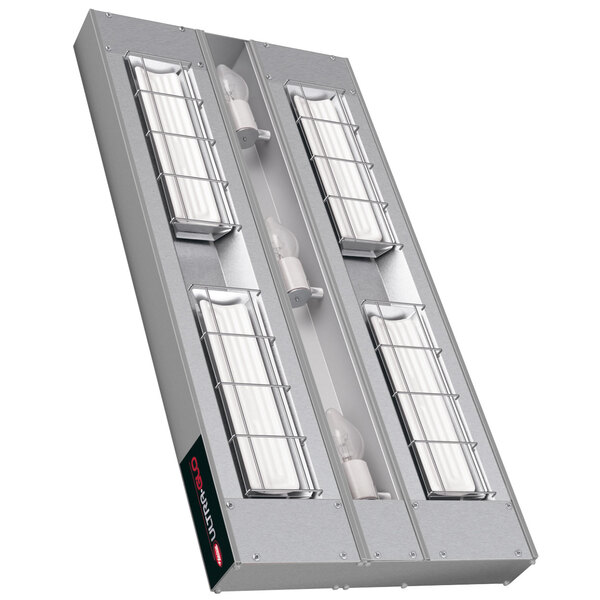A close-up of the lights on a Hatco strip warmer with white background.