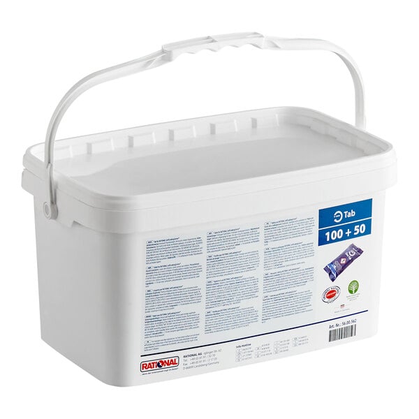 A white plastic container with a handle and a label featuring text and images, including a blue section indicating '100 + 50' tabs.