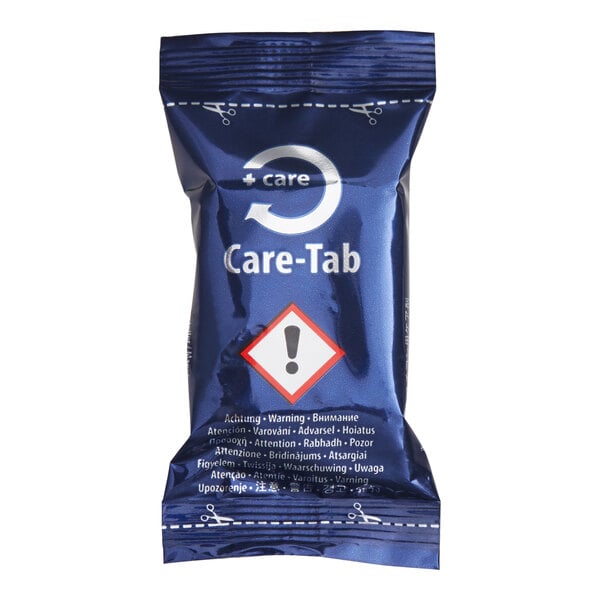 A blue foil packet labeled 'Care-Tab' with a warning symbol and multilingual caution text on the front.
