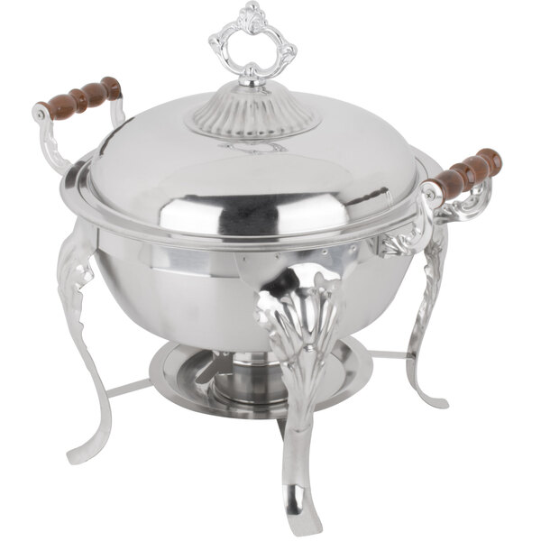 Round stainless steel chafing dish with decorative legs and handles