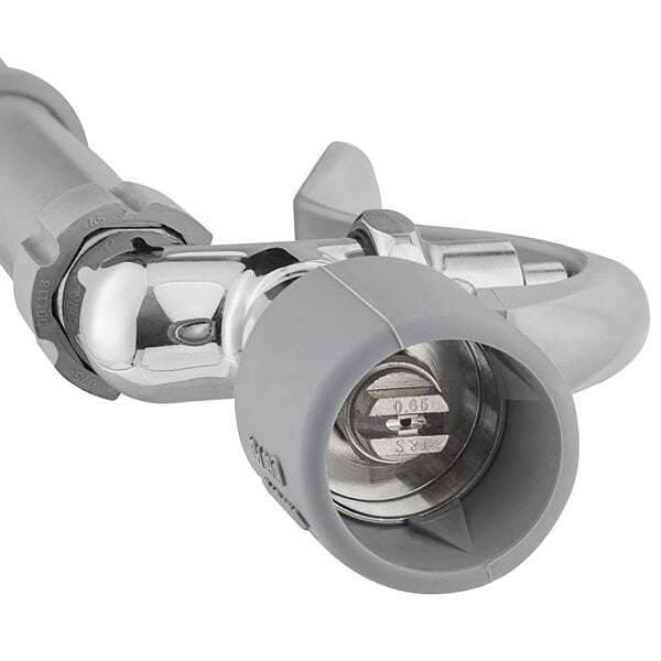 A silver and gray T&S water hose with a nozzle.