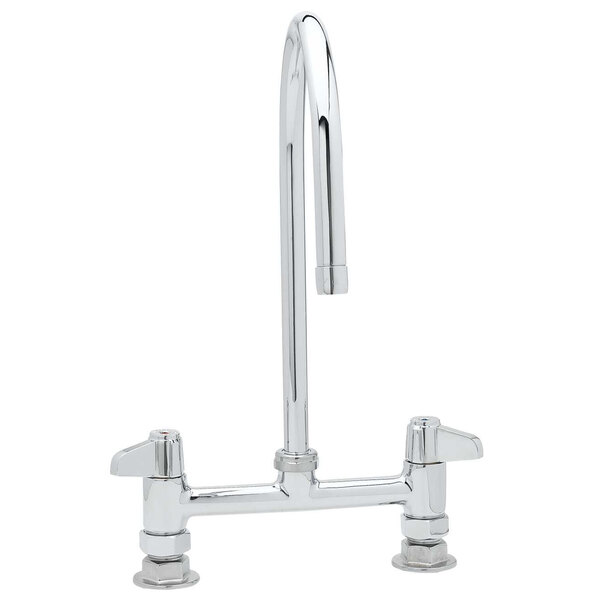 A chrome Equip by T&S deck-mounted faucet with 9" gooseneck spout and lever handles.