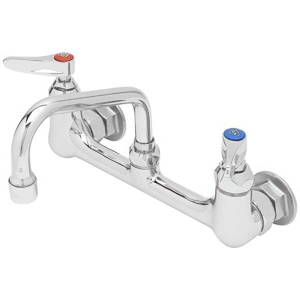 A chrome T&S wall mount pantry faucet with two blue handles.