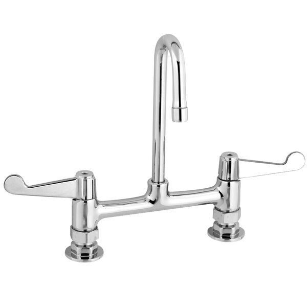 A chrome Equip by T&S deck-mounted faucet with gooseneck spout and wrist handles.