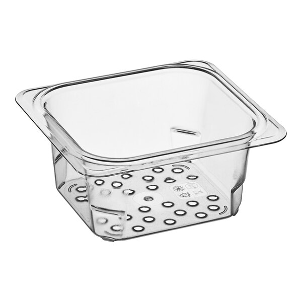 A clear plastic Cambro colander pan with holes.