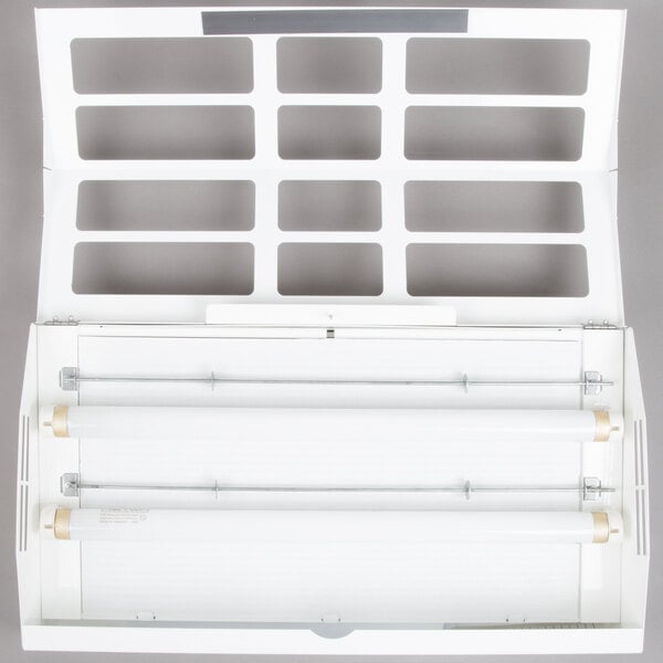 A white box with a white Curtron Pest-Pro BL300 UV flying insect control light and trap inside.