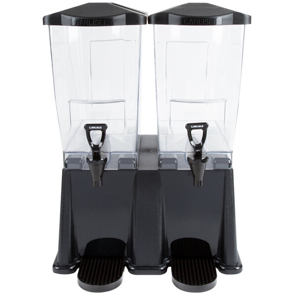 Two Carlisle black plastic beverage dispensers with black bases.