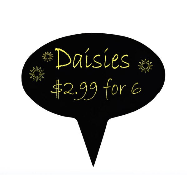 An oval black chalkboard deli sign with yellow writing.