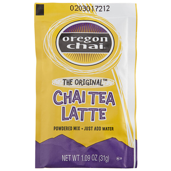 A yellow and purple sachet of Oregon Chai Original tea mix.