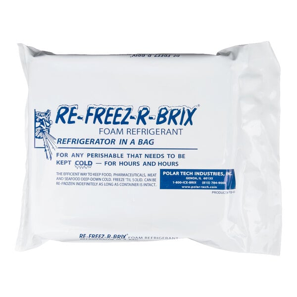A 64 oz. Polar Tech Re-Freez-R-Brix foam refrigerant freeze pack in a sealed white bag.