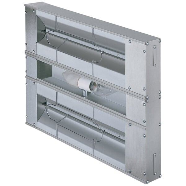 A Hatco stainless steel dual infrared food warmer with lights and a metal shelf with light bulbs.