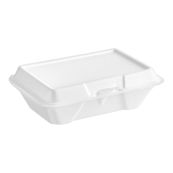 A white foam take out container with a perforated hinged lid.
