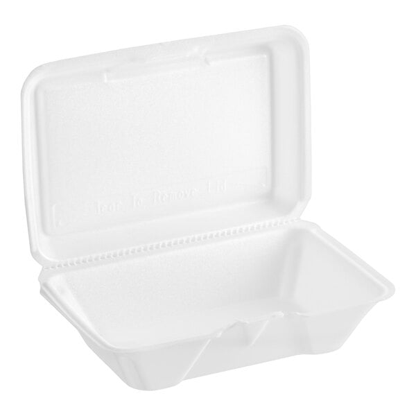 A white foam take out container with a perforated hinged lid.
