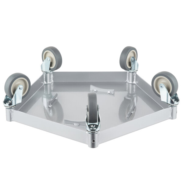 A silver metal keg and pail dolly with wheels.