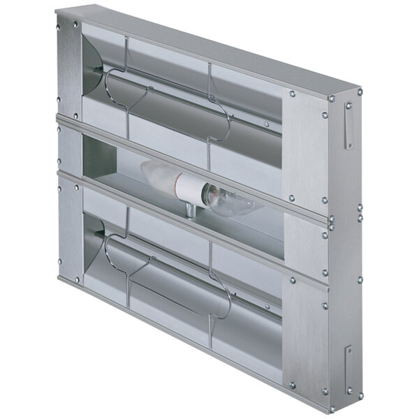 A close-up of a Hatco dual infrared food warmer with lights and a divider.