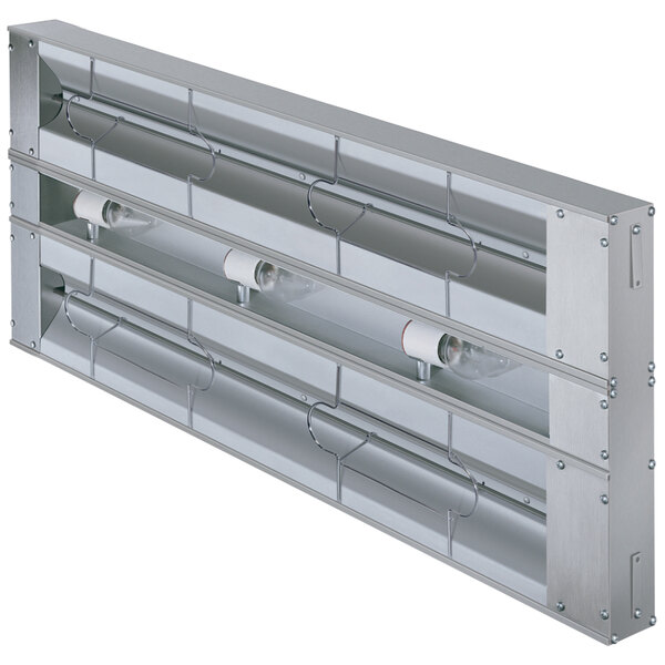 A light fixture with several bulbs on a metal duct.