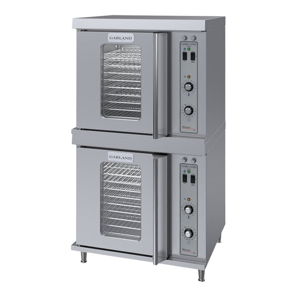 A close-up of a Garland double deck commercial convection oven with a door.