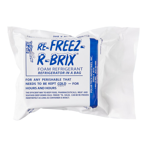 A white foam refrigerant freeze pack labeled 'Re-Freez-R-Brix' used for keeping perishables cold.