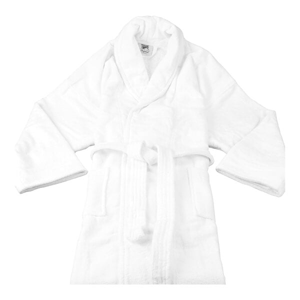 A white bathrobe with a shawl collar, belt, and two front pockets is displayed against a plain background.