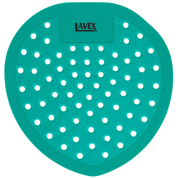 A teal green circle-shaped urinal screen with holes.