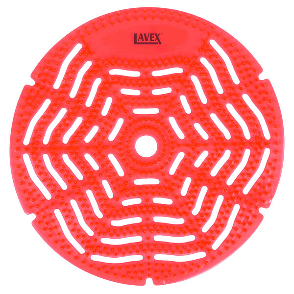 A red circle with holes in a bright white circle.