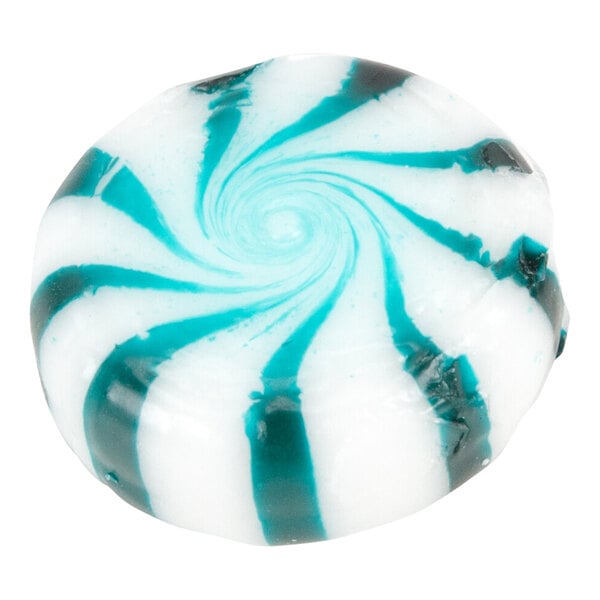 A round, white candy with blue-green swirled stripes.