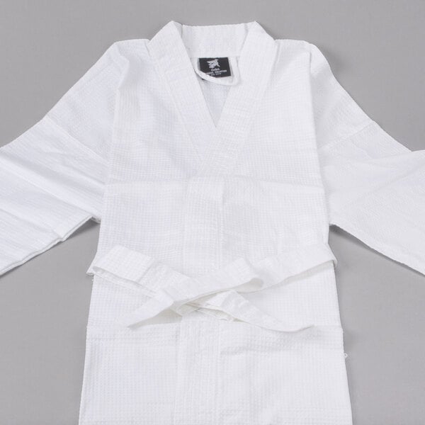 A white Oxford Waffle Weave bath robe.