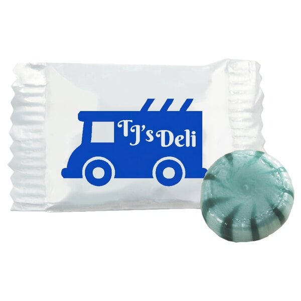 Customizable spearmint starlite candy with a blue and white swirl on clear wrapper.