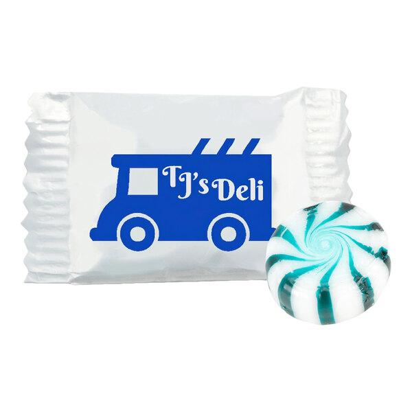 A white and teal swirled mint candy is shown next to a clear wrapper featuring a blue food truck graphic and the text 'TJ's Deli.'