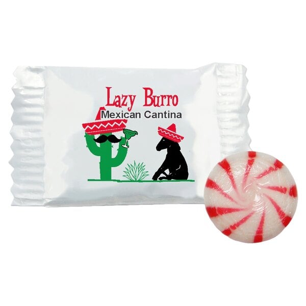 A red peppermint starlite in a clear wrapper.