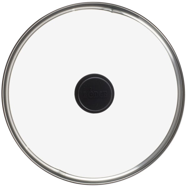 A Lodge tempered glass lid with a black knob.