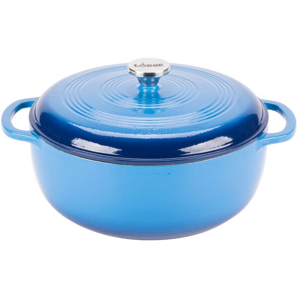 A Caribbean blue Lodge enameled cast iron Dutch oven with a lid.