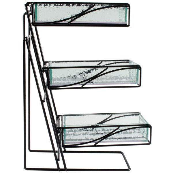 A black metal stand with three glass shelves.