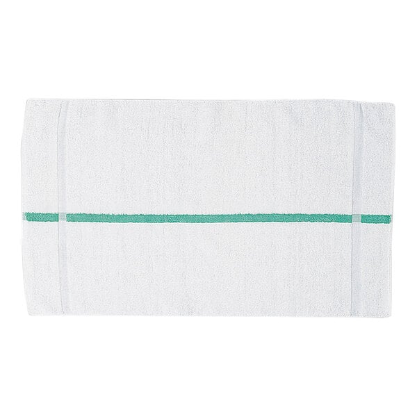 A white chef towel with green stripes.