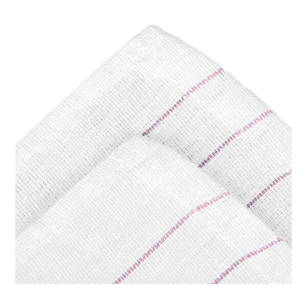 A close-up view of a white fabric with a loose weave and thin red pinstripes.