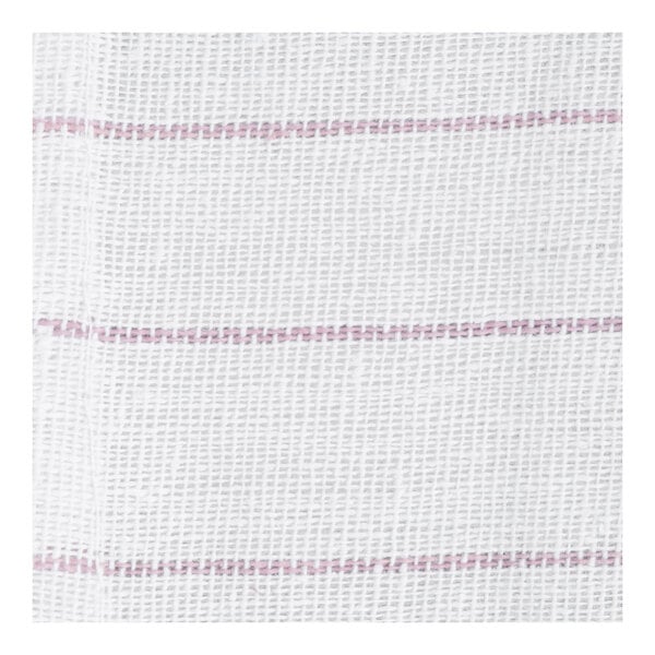 A close-up view of a white fabric with a loose weave and thin red horizontal pinstripes.