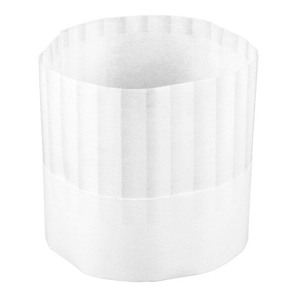 A white, pleated paper chef hat with a flat top and an adhesive closure band at the base.