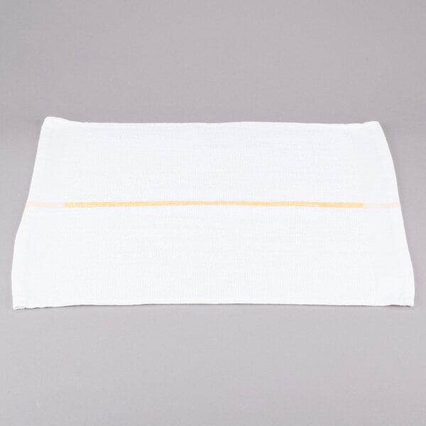 A white towel with a yellow stripe.