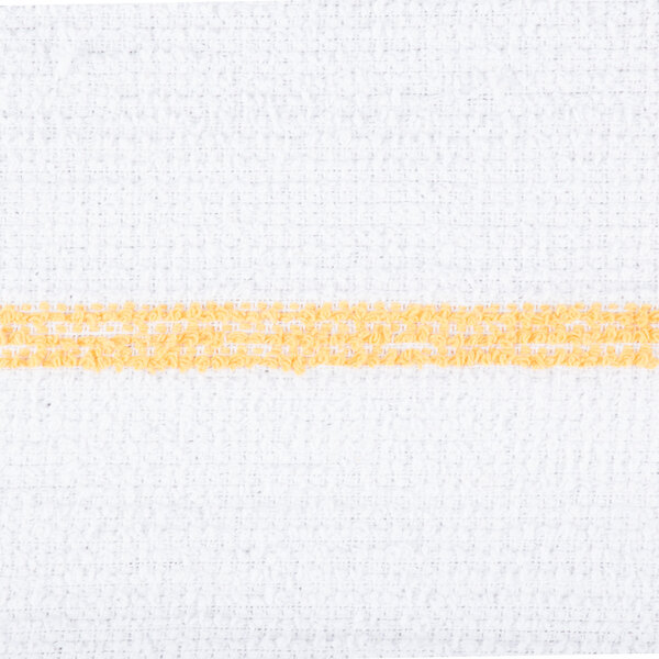 A white towel with yellow stripes and gold stripes on it.