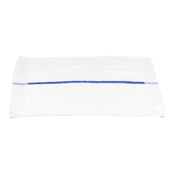 A white rectangular towel with a single blue stripe running horizontally across the center.