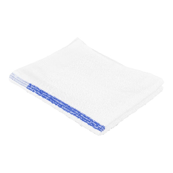 A white folded towel with a blue stripe along one edge.