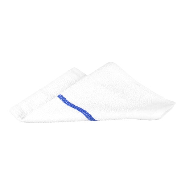 A folded white towel with a blue stripe on a plain white background.