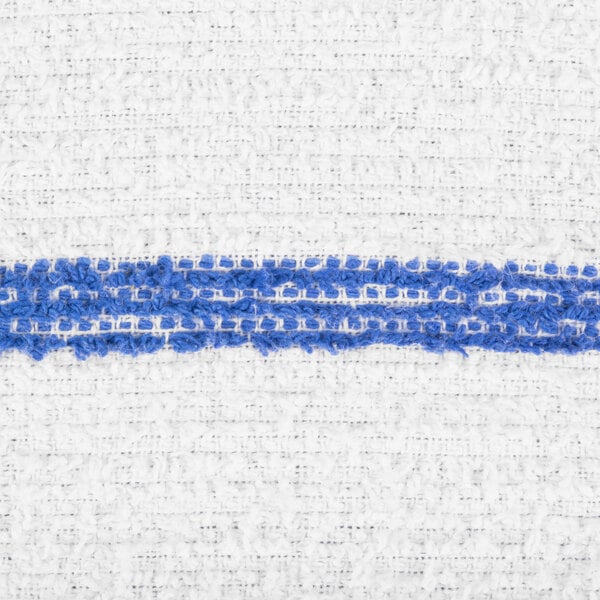 A close-up of a white textured fabric with a horizontal blue stripe running across it.